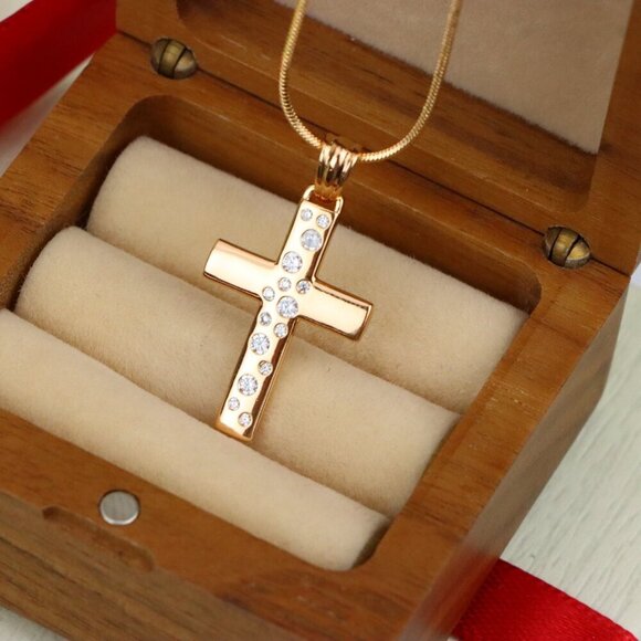"Rose Gold Cross Pendant with White Stones in Vertical Pattern Design, XPPT1605 - Picture 8 of 13